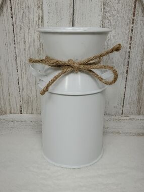 White Decorative Metal Milk Can with Twine Bow Vase